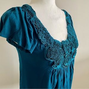 SOPRANO Teal Rosebud Blouse Elastic Waist Shirt, Teal Shirt, Tummy hiding